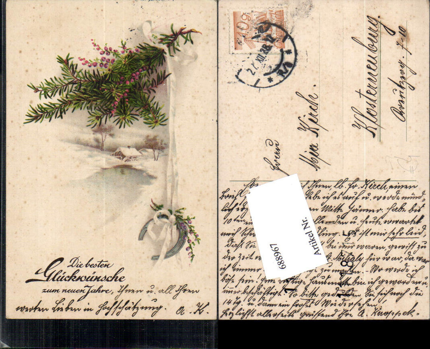 688967 Neujahr Hufeisen Zweige Schnee gel. Klosterneuburg