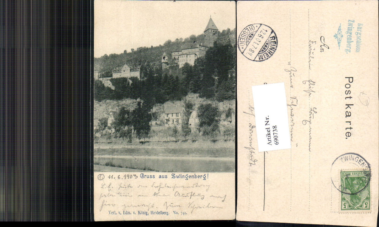 690738 Gruss aus Zwingenberg 1903 pub König 742
