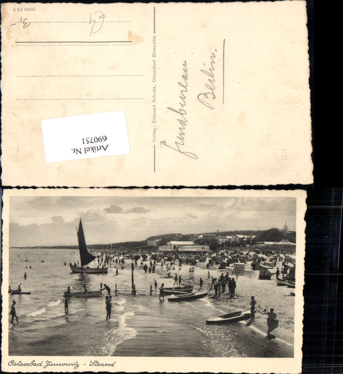 690751 Ostseebad Zinnowitz Strand Strandleben Bademode Boot Ruderboot Usedom