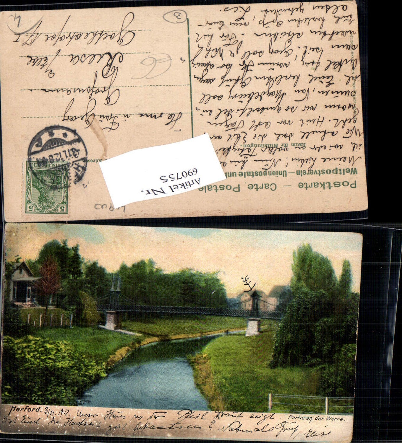 690755 Herford, game at the Werre Bridge, pub, Heliocolor card, puller, Heliocolor card