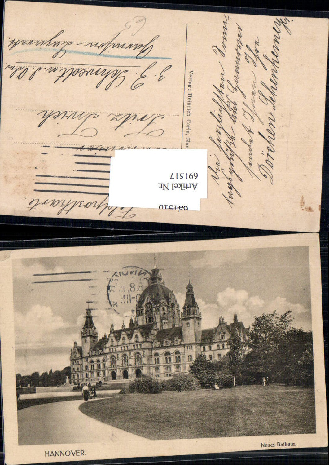 691517 Hannover Neues Rathaus Feldpost n. Schwedt an der Oder Garnison Lazarett