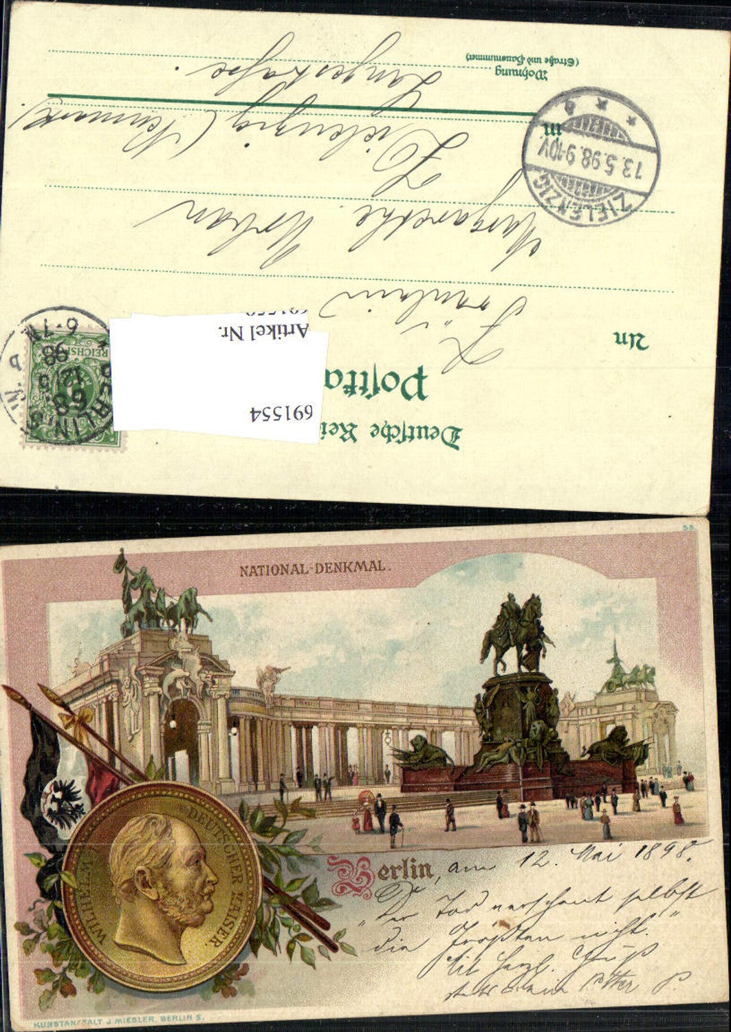 691554 tolle Lithographie Berlin National Denkmal Kaiser Wilhelm Portait pub Miesler