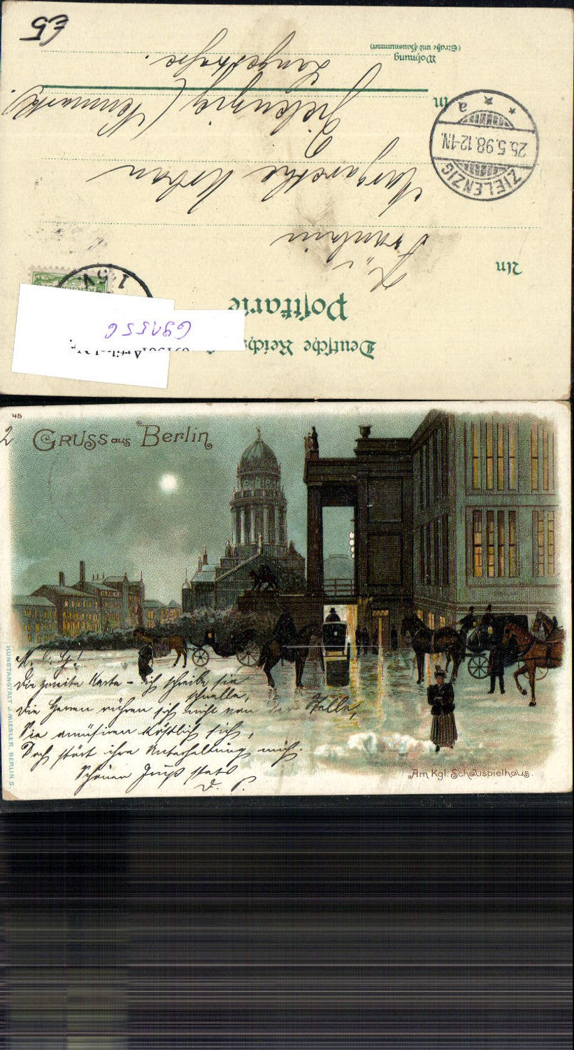 691556 tolle Lithographie Berlin Schauspielhaus Oper Theater Kutschen Mond pub Miesler