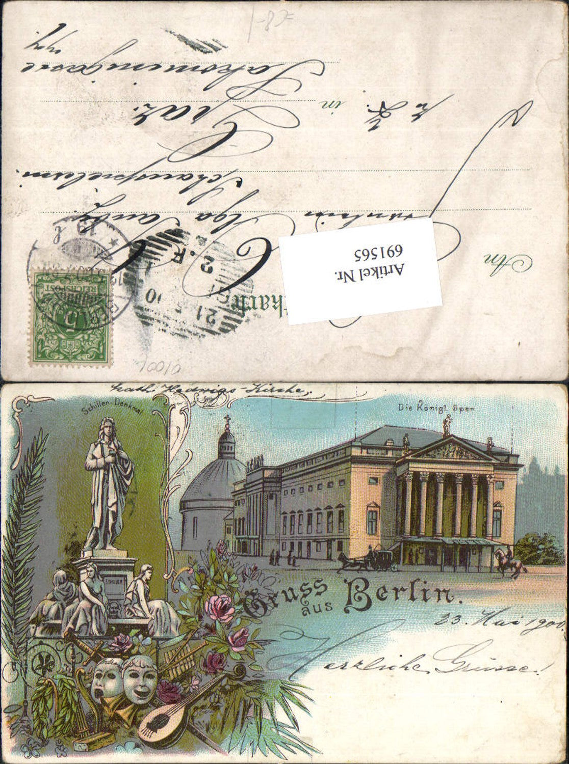 691565 tolle Lithographie Berlin Königl. Oper Schiller Denkmal gel. Graz Ankunftsstempel