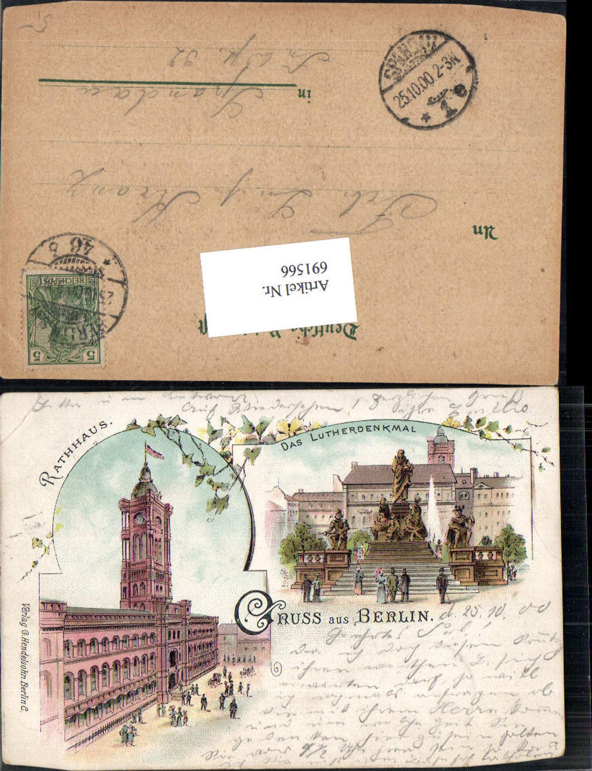 691566 tolle Lithographie Berlin Lutherdenkmal Luther Rathaus pub Hendelsohn gel. Spandau