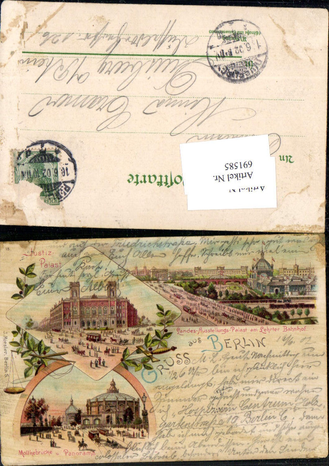 691585 tolle Lithographie Berlin Moabit Landes Ausstellungs Palast am Lehrter Bahnhof Moltkebrücke Pferdetram pub Miesle