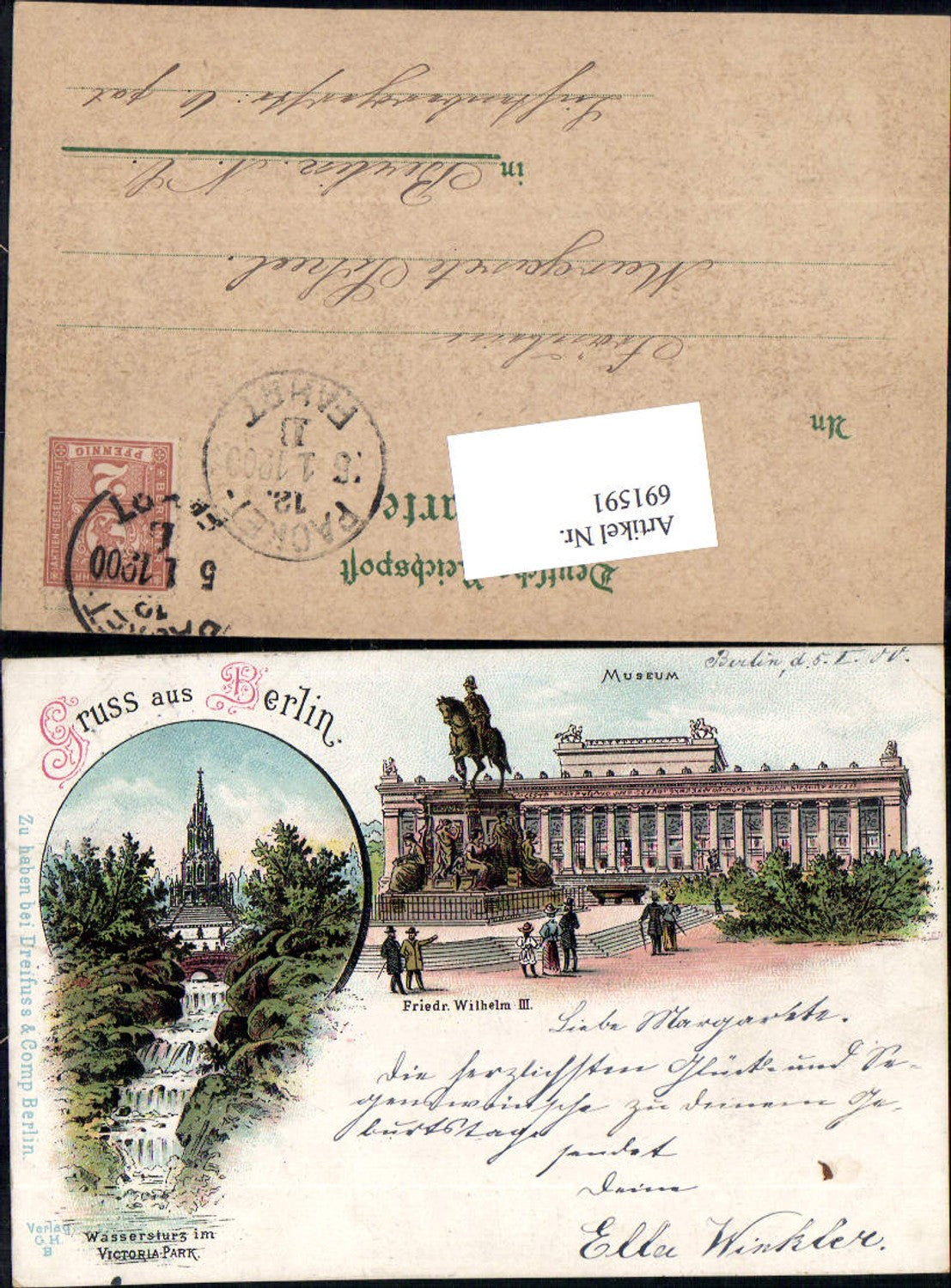 691591 tolle Lithographie Berlin Museum Wassersturz Victoria Park Friedrich Wilhelm III.