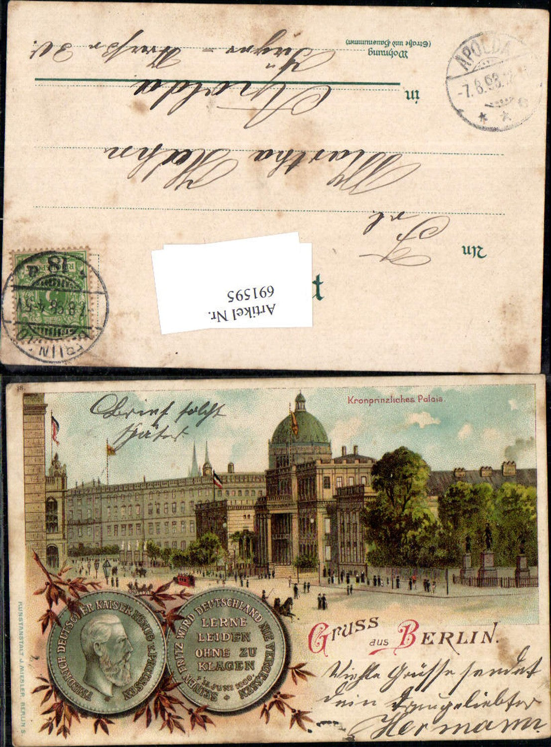 691595 tolle Lithographie Berlin Kronprinzl. Palais Friedrich Deutscher Kaiser v. Preußen