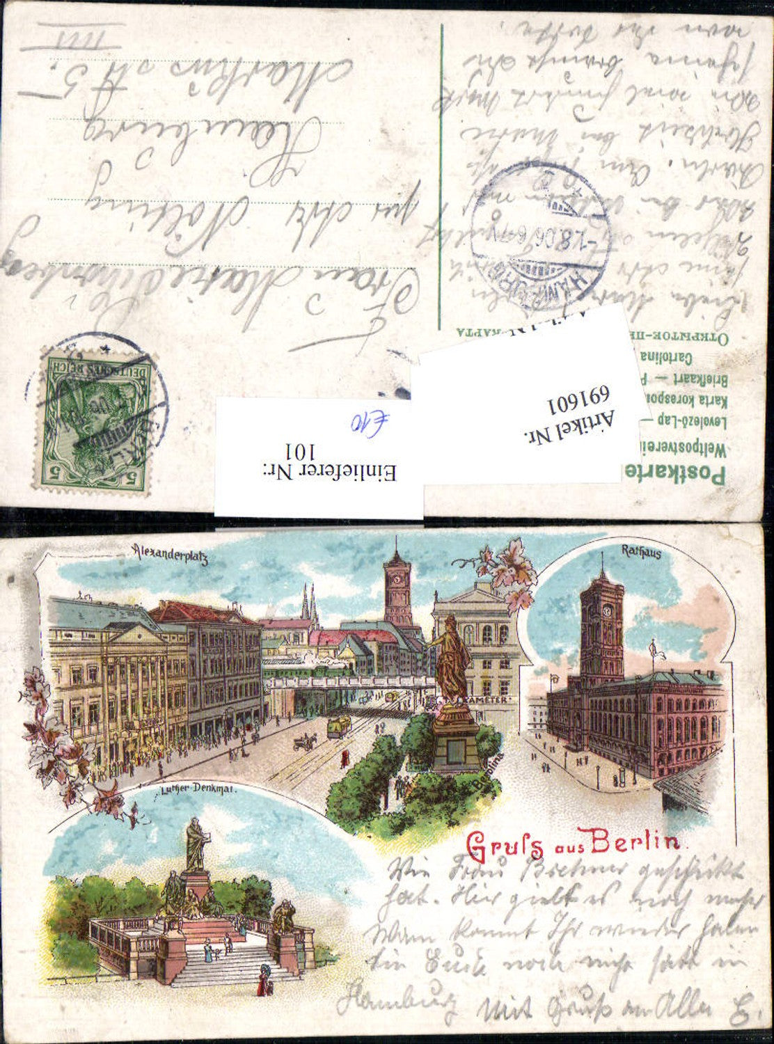 691601 tolle Lithographie Berlin Alexanderplatz Rathaus Luther Denkmal Berolina