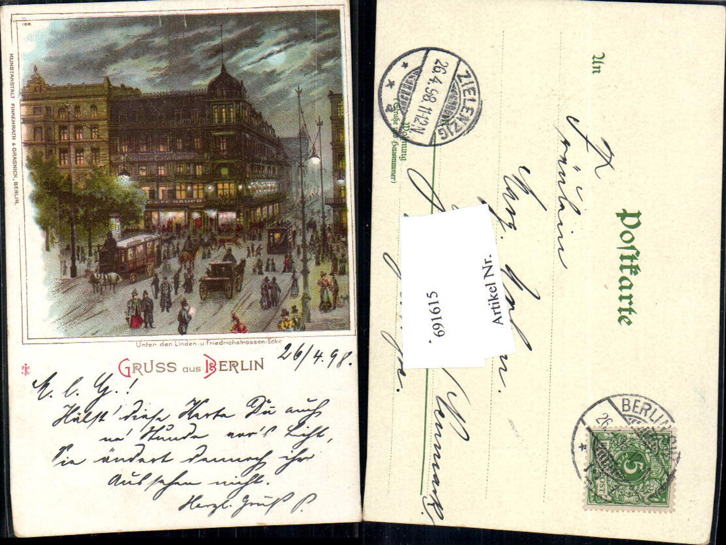 691615 tolle Lithographie Berlin Unter den Linden Friedrichstrassen Ecke Kutsche pub Finkenrath & Grasnick