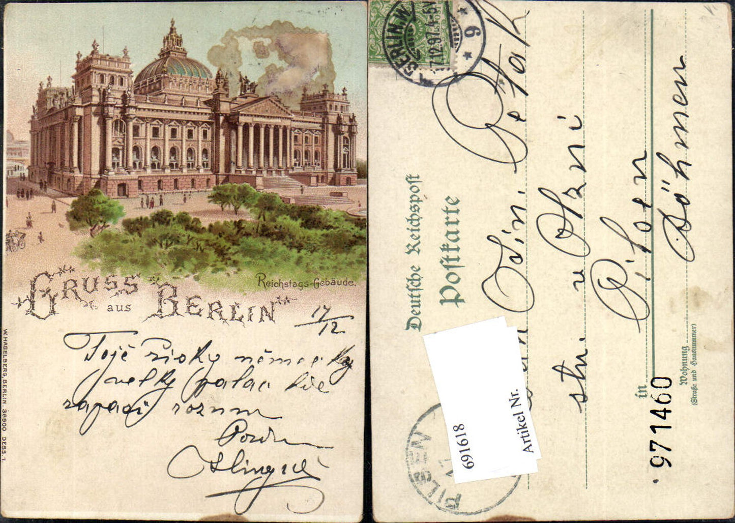 691618 tolle Lithographie Berlin Reichstags Gebäude pub W. Hagelberg