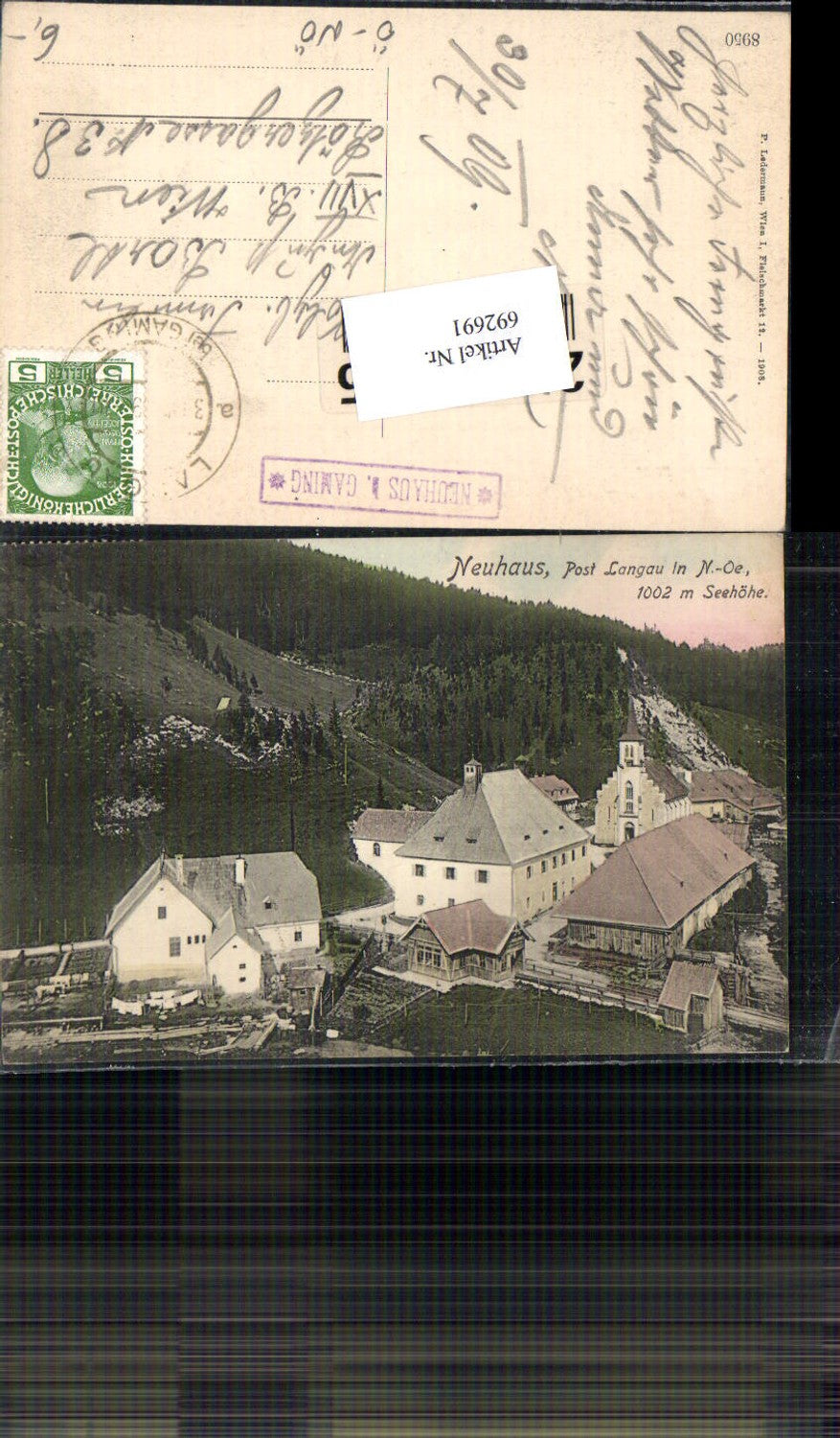 692691 Neuhaus bei Gaming Langau 1908 Postablagestempel pub Ledermann 8950