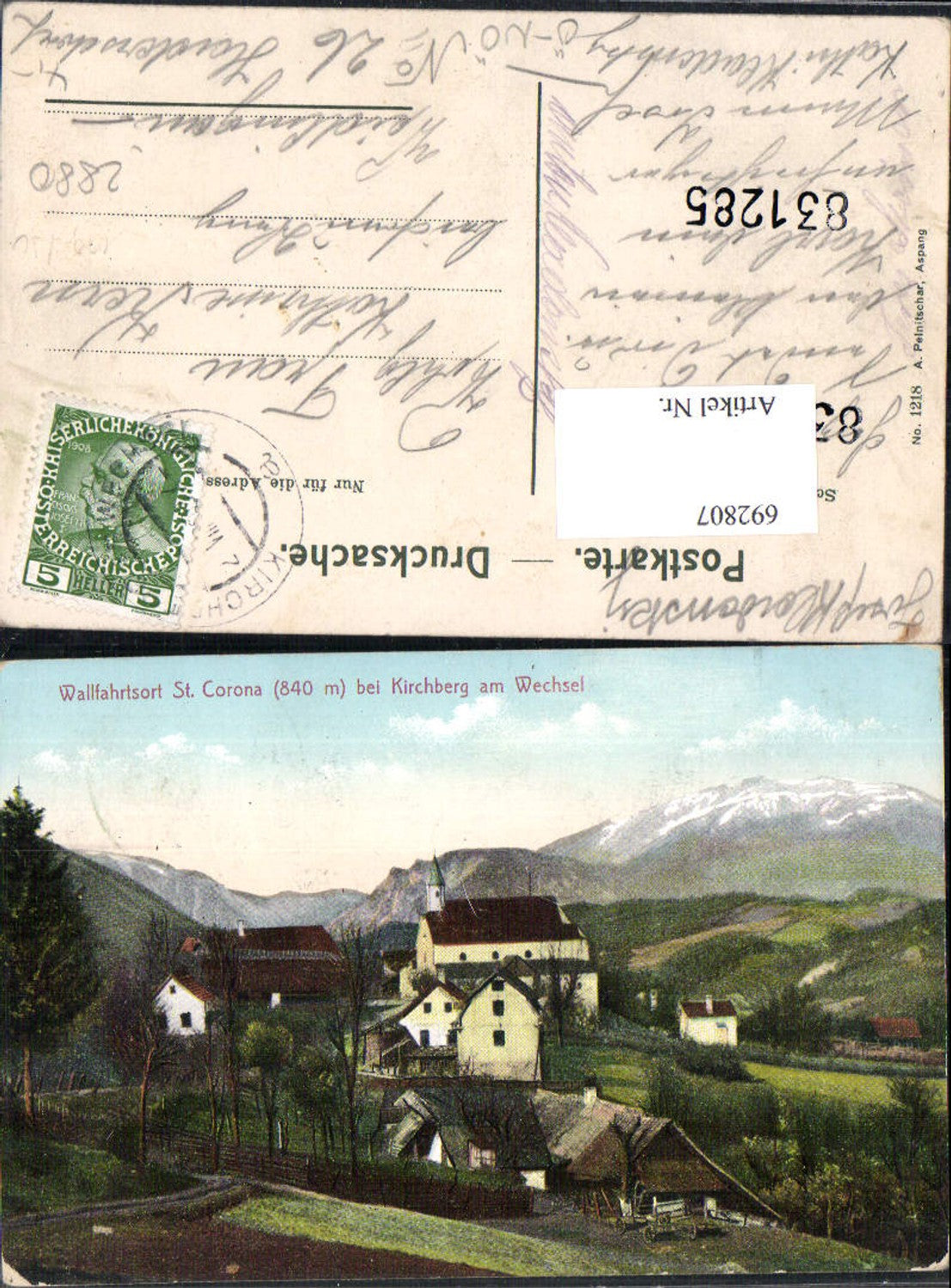 692807 St. Corona bei Kirchberg am Wechsel gel. Weidlingau Hadersdorf