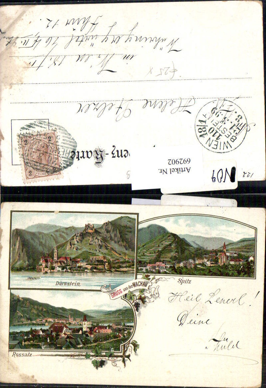 692902 tolle Lithographie Gruss aus der Wachau Rossatz Dürnstein Spitz 1899
