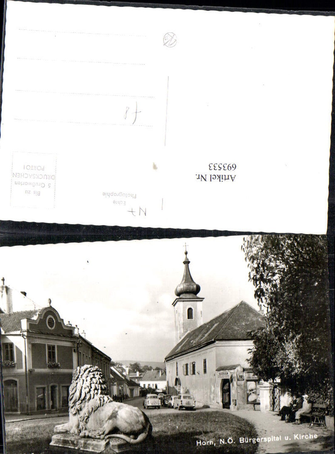 693533 Horn Straßenansicht m. Oldtimer Autos Kirche Bürgerspital