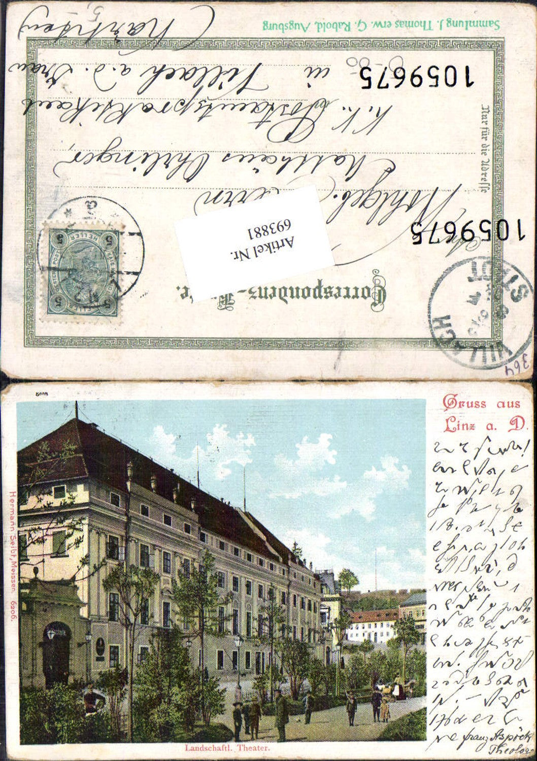 693881 Linz an der Donau Landschaftl. Theater Stp. J. Thomas Sachrang erw. G. Rabold Augsburg