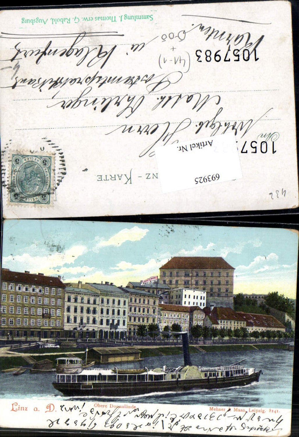 693925 Linz an der Donau Obere Donaulände Dampfer pub Mehner & Maas 8141 Stp. J. Thomas Sachrang