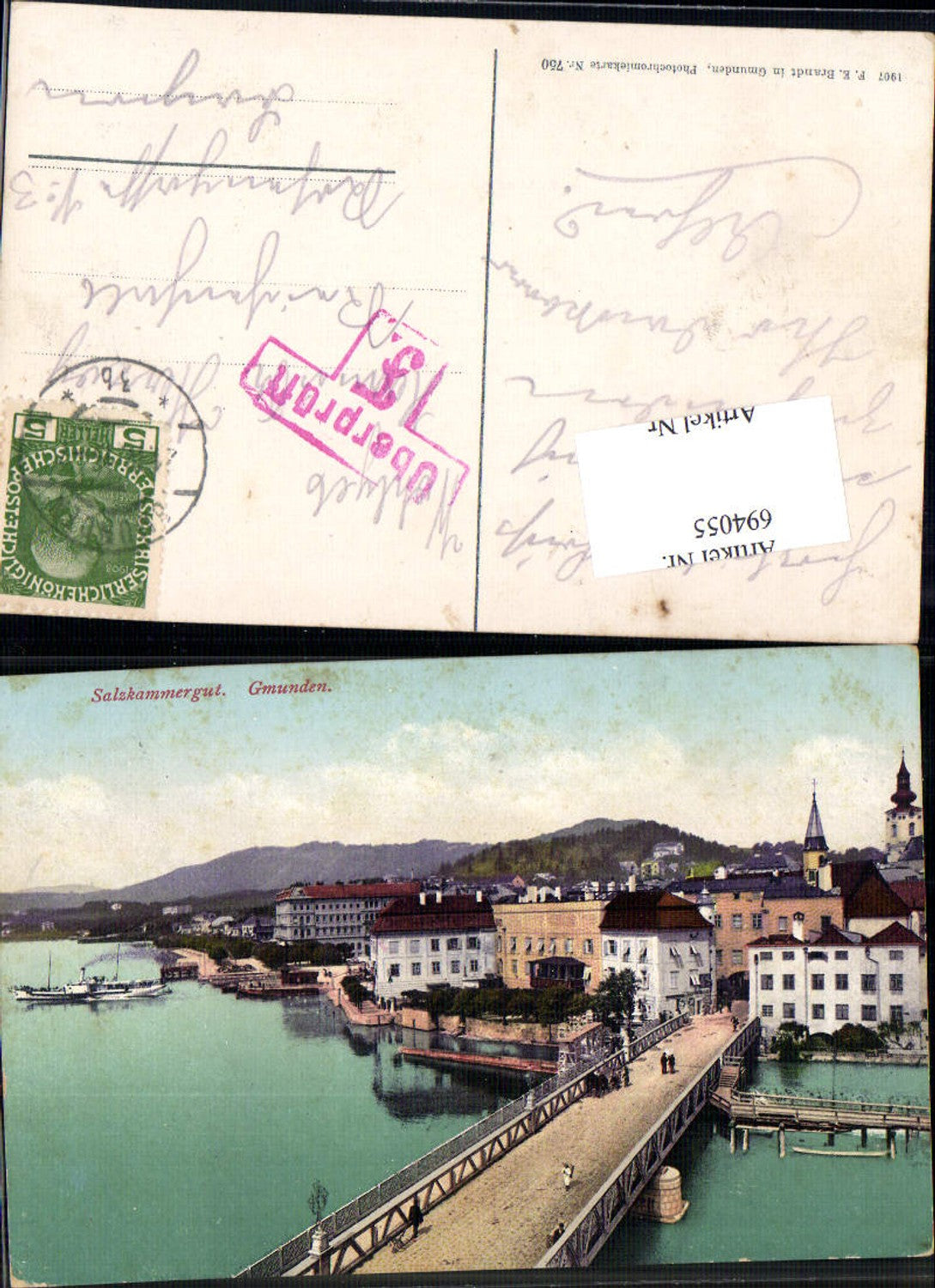 694055 Gmunden am Traunsee Brücke pub Brandt 750 Feldpost Zensur