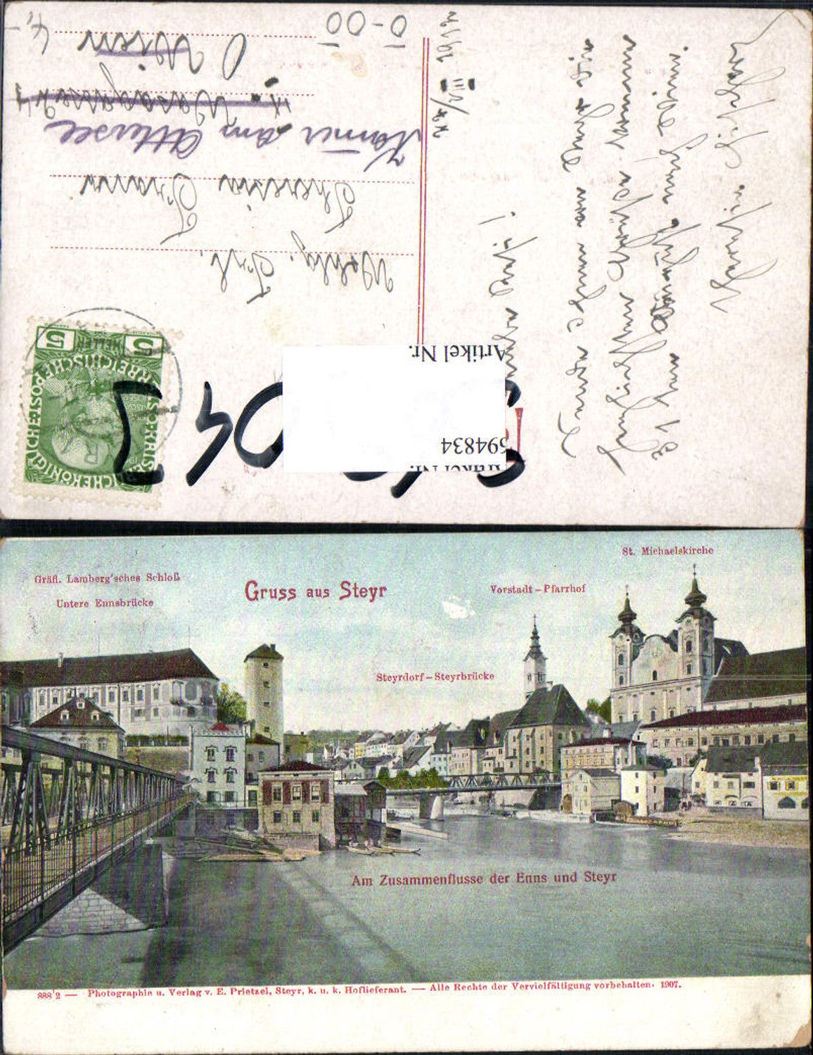 694834 Gruss aus Steyr Vorstadt Pfarrhof Steyrdorf Brücke pub Prietzel 888/2
