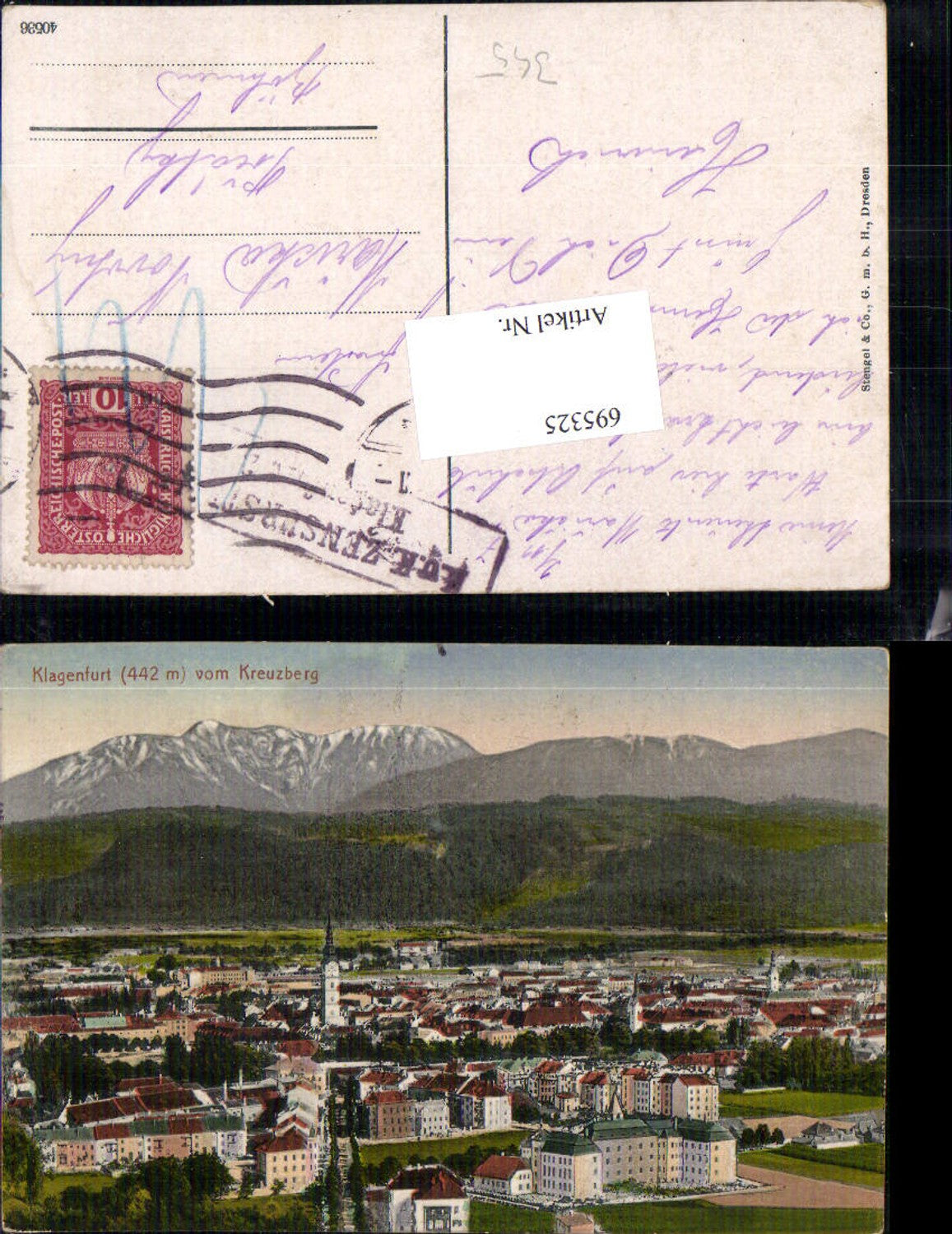 695325 Klagenfurt vom Kreuzberg feldpost Zensurstelle pub Stengel & Co.