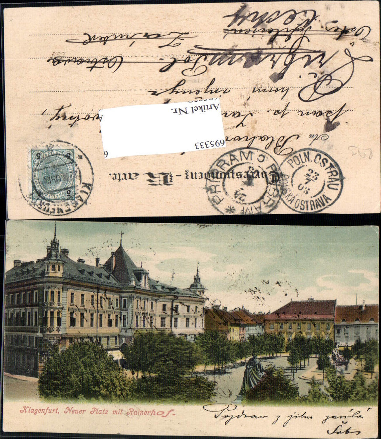695333 Klagenfurt Neuer Platz Rainerhof gel Polnisch Ostrau Stempel