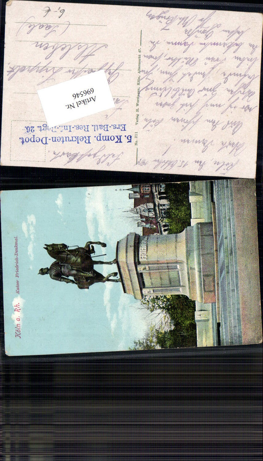 696546 Köln am Rhein Kaiser Friedrich Denkmal Feldpost 5. Komp. Rekruten Depot gel Alsleben