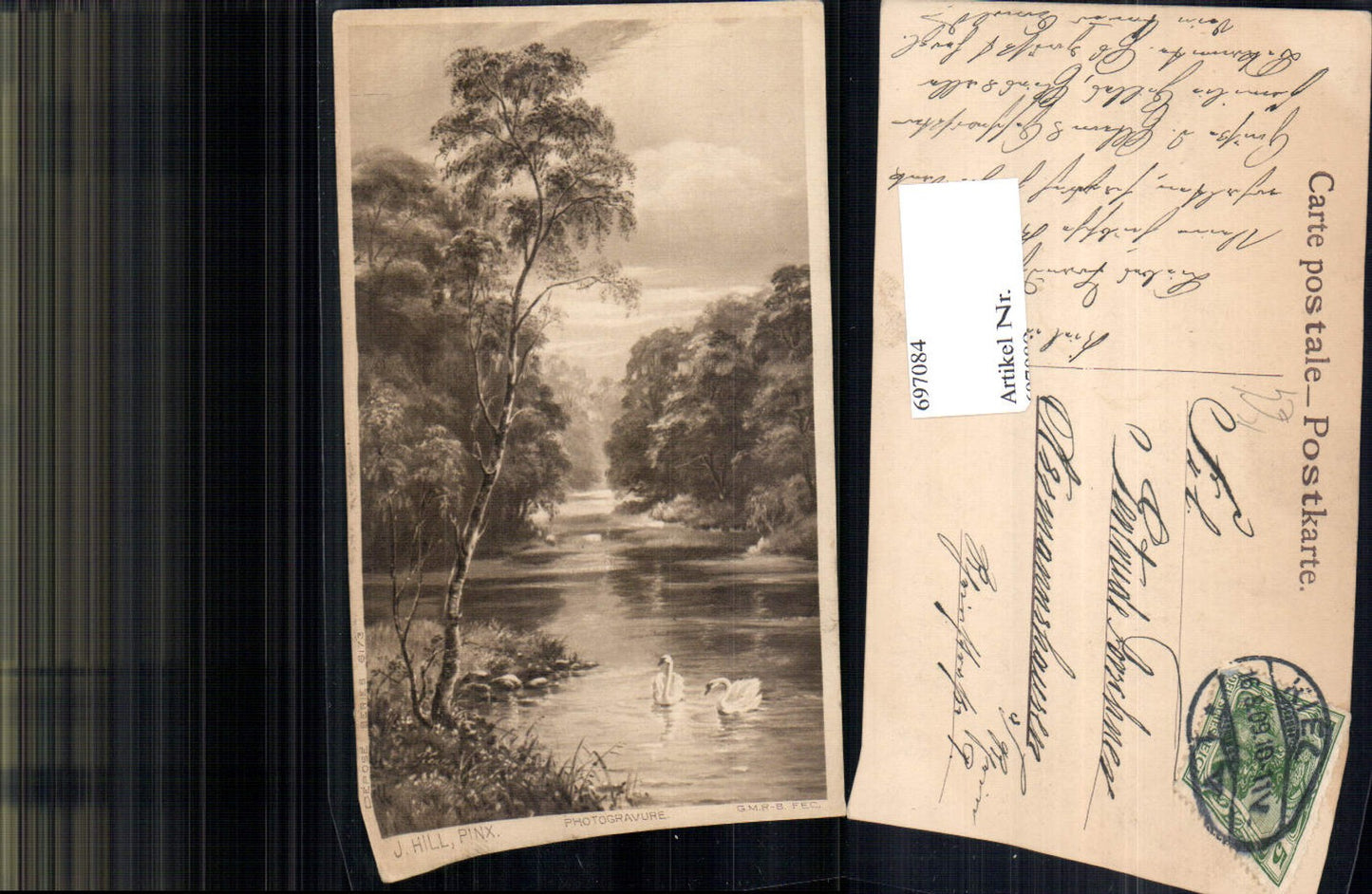 697084 Künstler AK J. Hill See Schwan Schwäne Baum gel Assmannshausen
