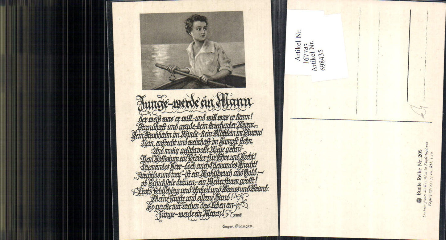 698435 Künstler AK Junge werde ein Mann Eugen Stangen Spruch Boot
