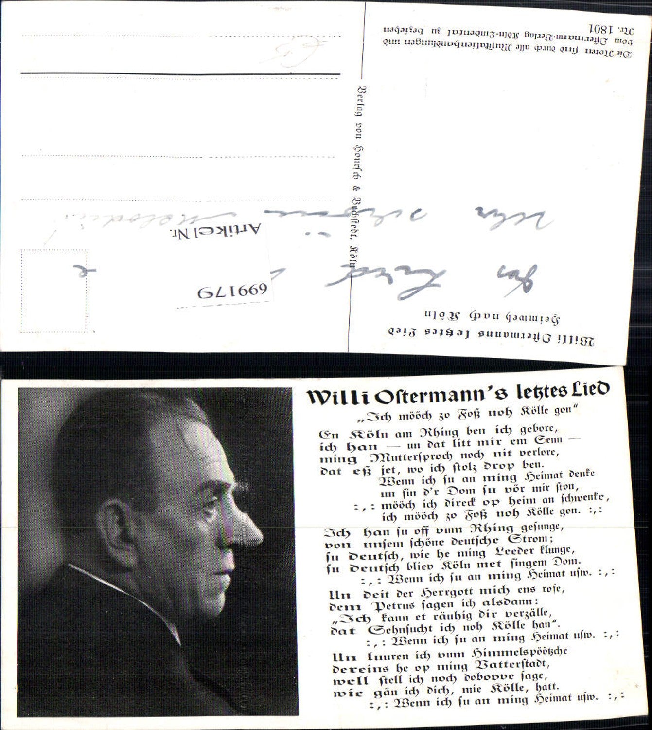 699179 Musik Liedkarte Lied-AK Willi Ostermann letztes Lied