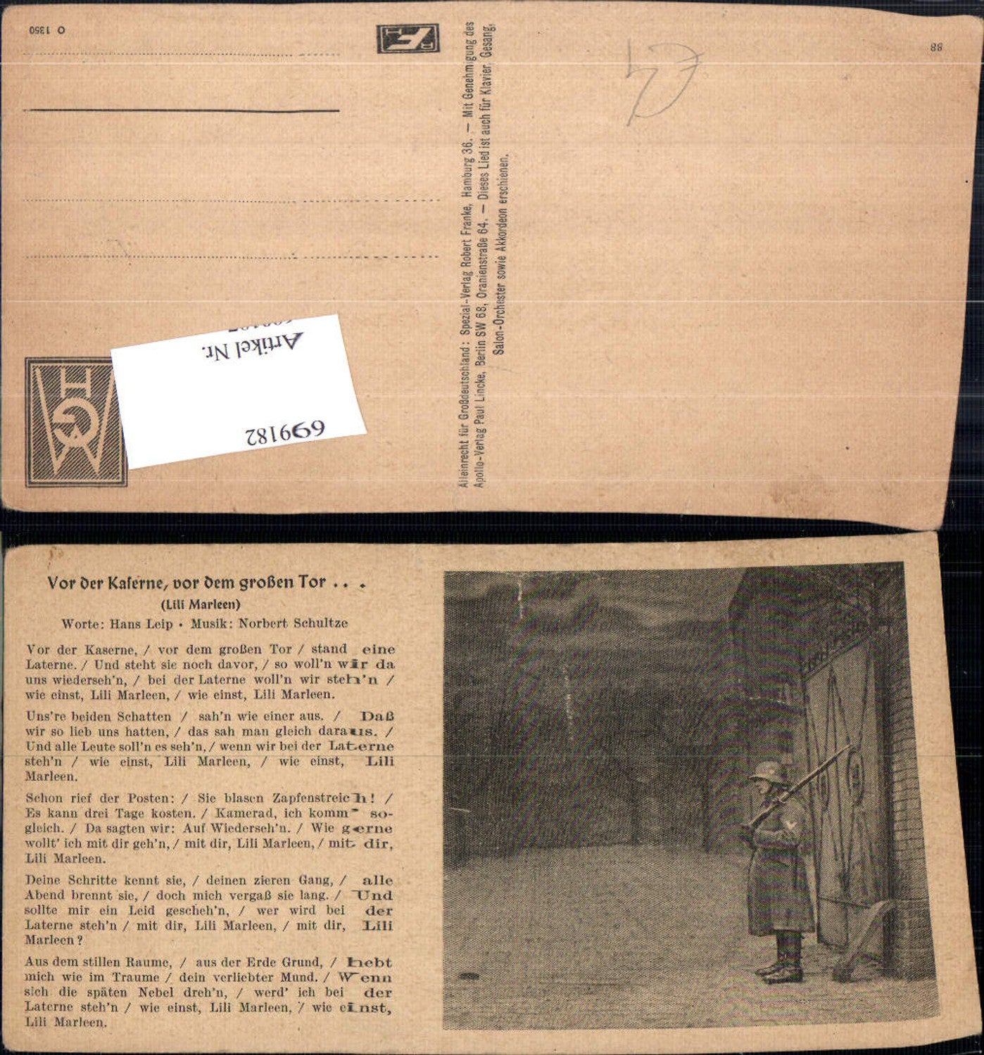 699182 Musik Liedkarte Wehrmacht Soldat Vor der Kaserne vor dem großen Tor Hans Leip Norbert Schultze
