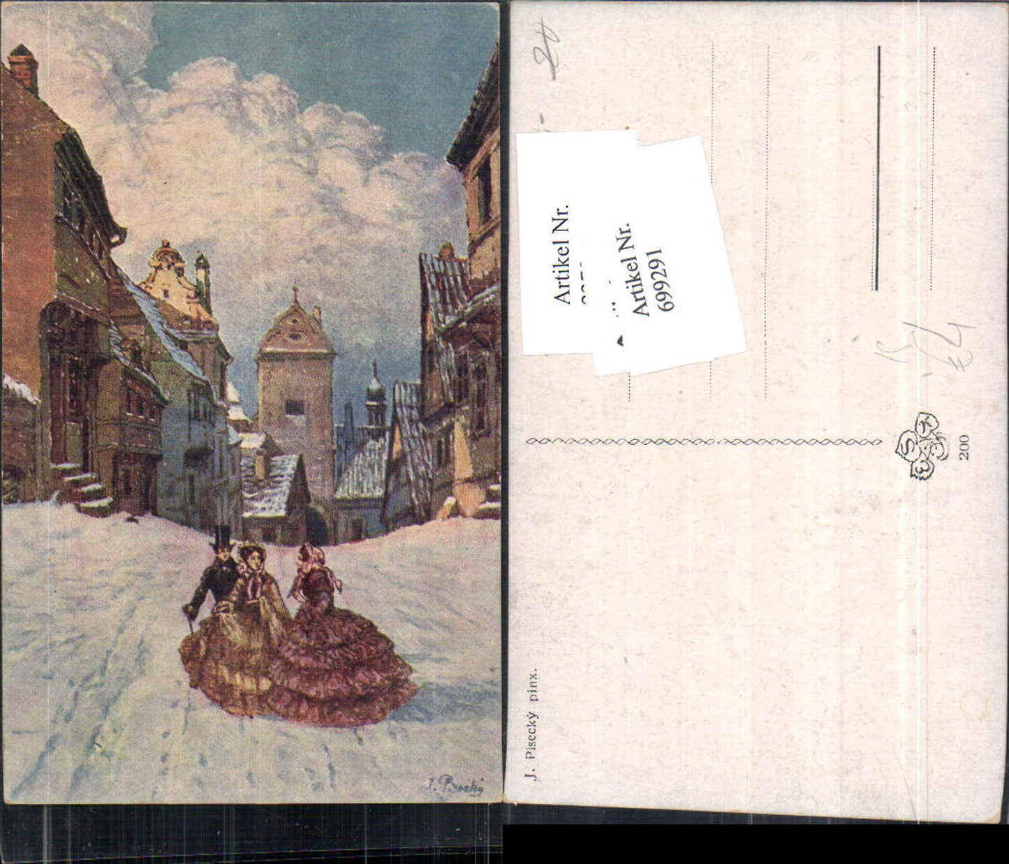699291 Künstler AK J. Pisecky Dorf Frauen Männer Gotik Kleid