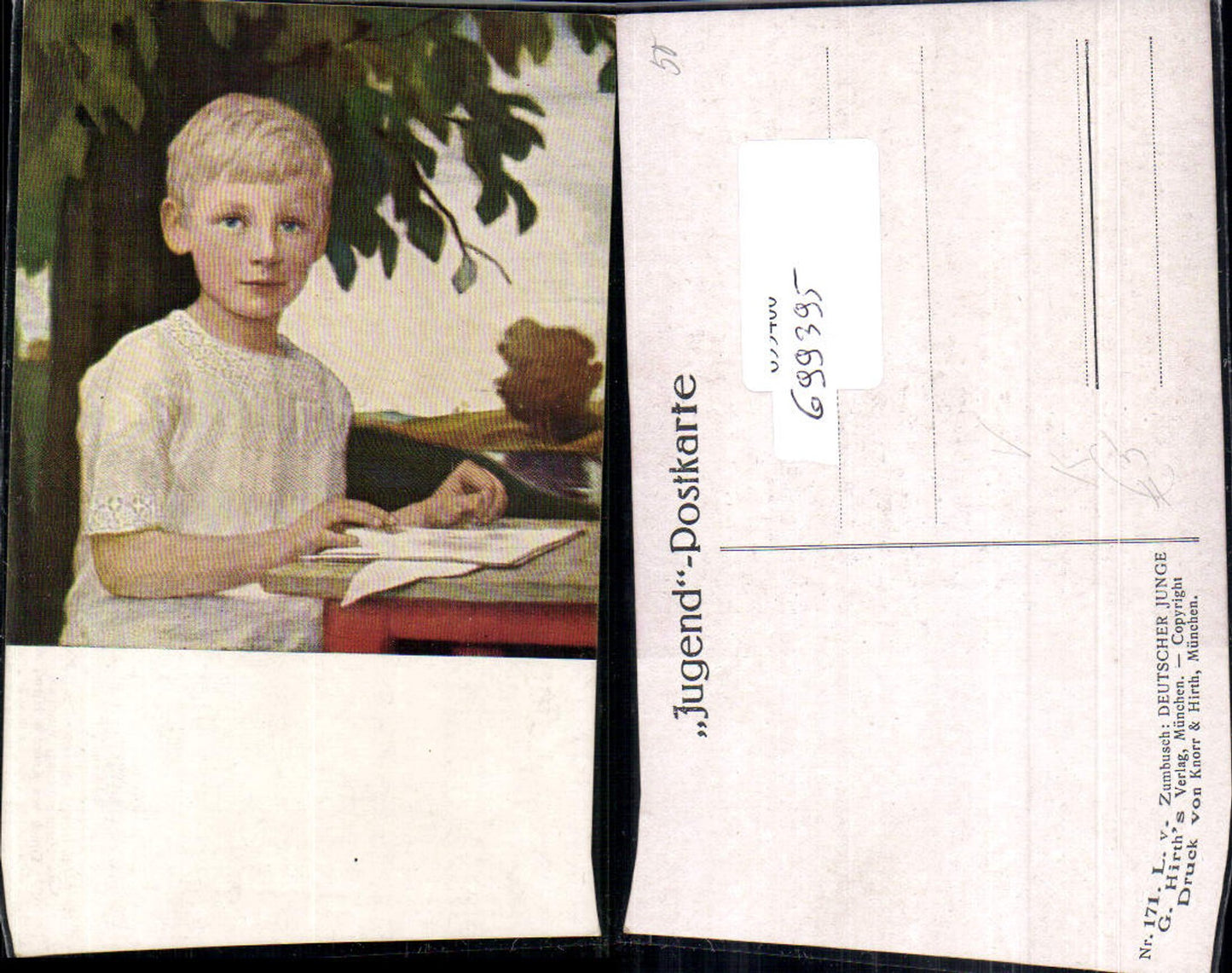 699395 Künstler AK Jugend Postkarte 171 Ludwig v. Zumbusch Deutscher Junge pub Hirth 171