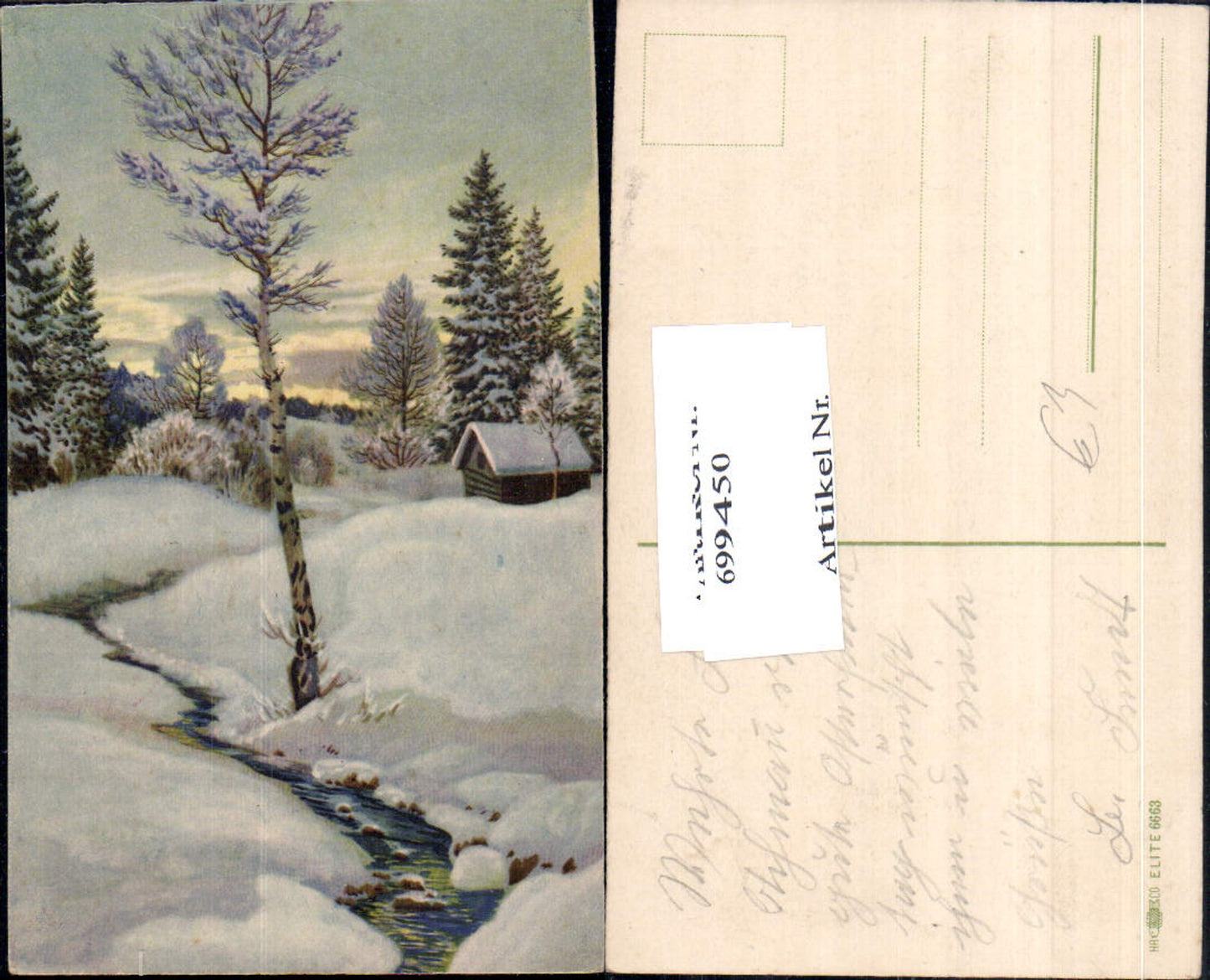 699450 Künstler AK Winterlandschaft Bach Birke Haus