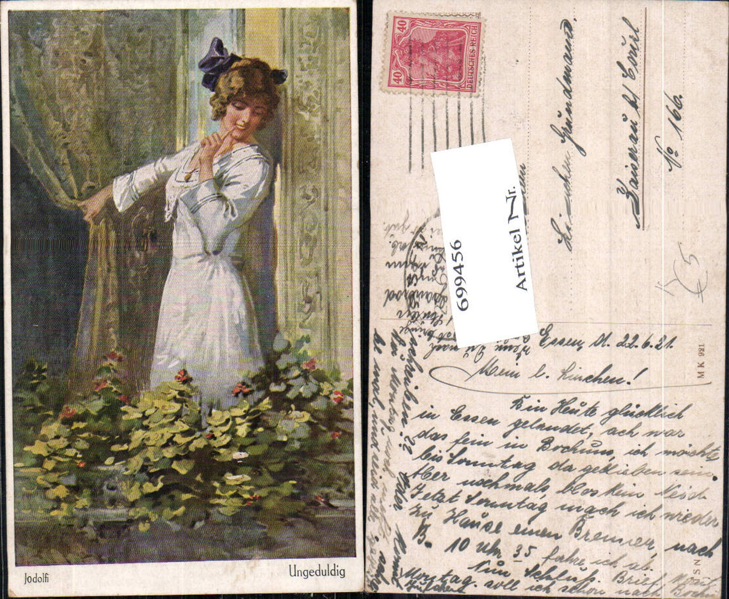 699456 Künstler AK Jodolfi Ungeduldig Frau Kleid Blumen Liebe gel Kaiserau Kamen Courl