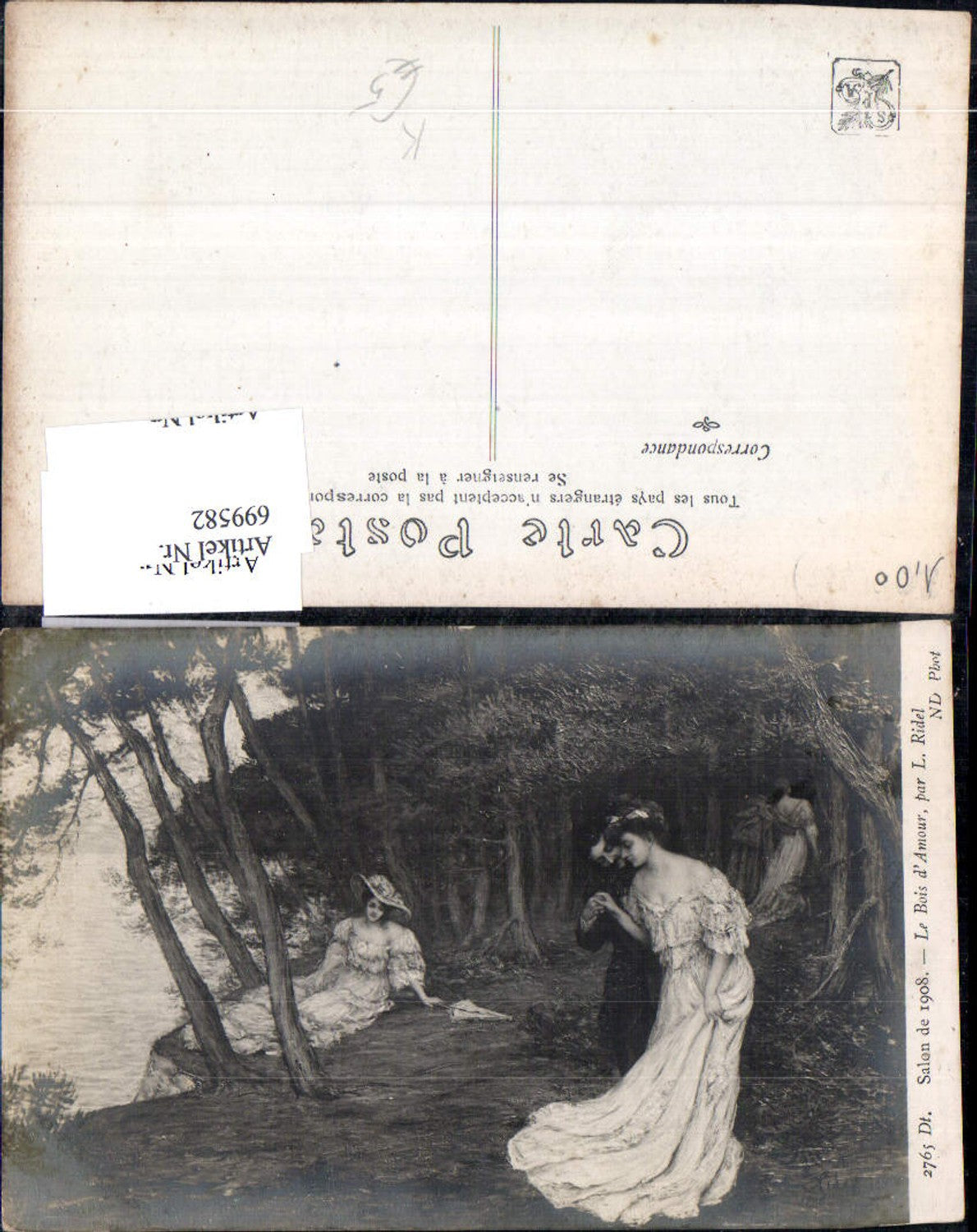 699582 Künstler AK L. Ridel Bois d Amour Jugendstil Frauen Hut Mode Schirm Salon de 1908