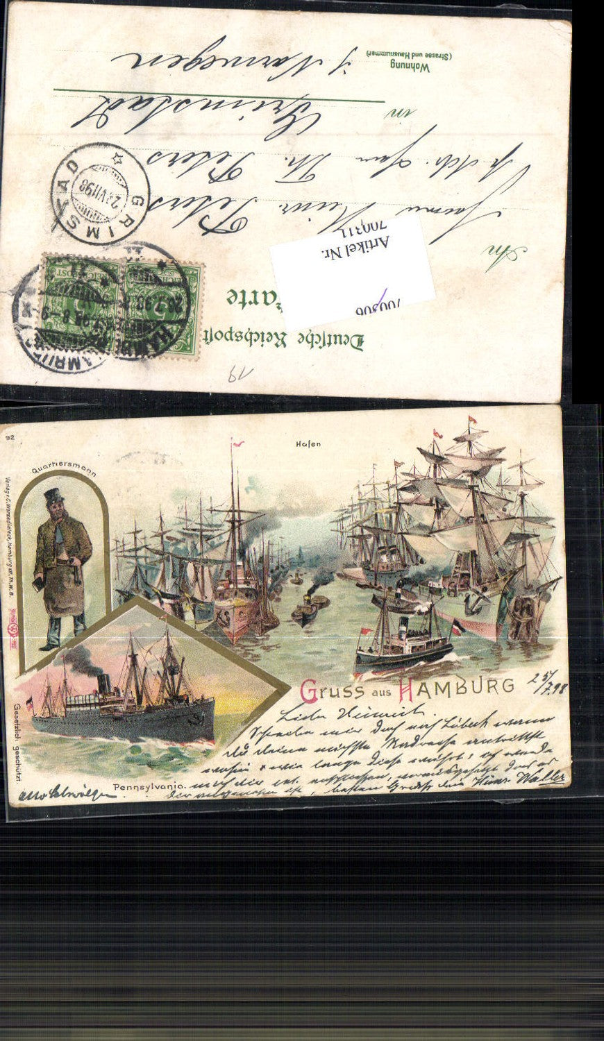 700311 Lithographie Hamburg Segelschiffe Dampfer Pennsylvania Quartiersmann Stp. Grimstad