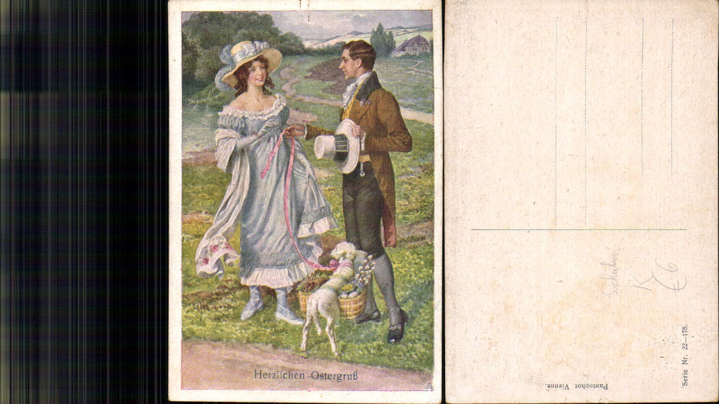 701285 Künstler AK H. Schubert Ostern Jugendstil Hund Frau Mann Mode