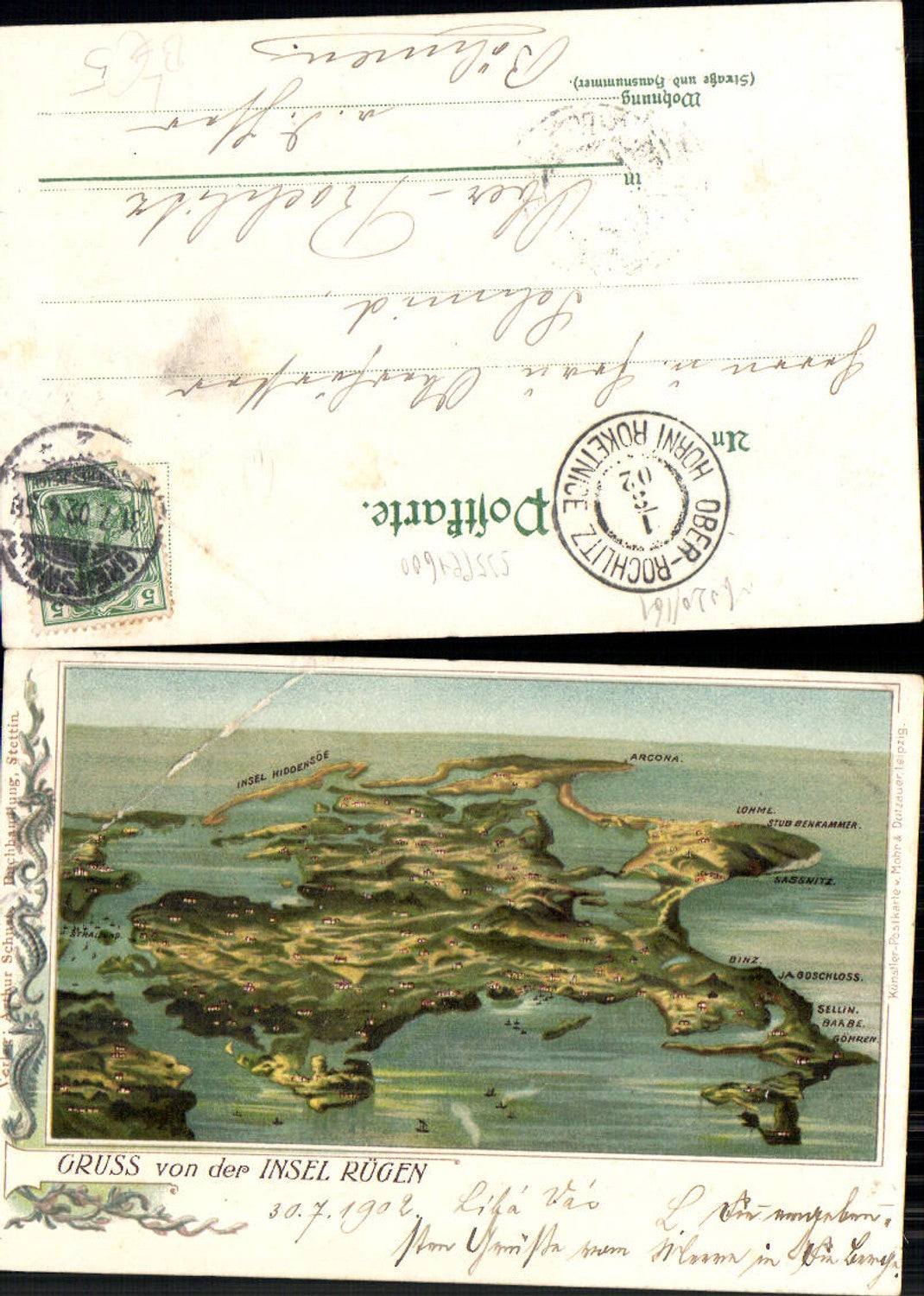701592 Lithographie Gruss von der Insel Rügen Binz Arcona Sassnitz Stubbenkammer pub Mohr & Dutzauer