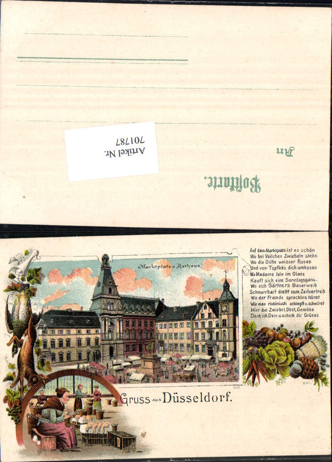 701787 Lithographie Gruss aus Düsseldorf Marktplatz Rathaus Jagd Wild Tiere