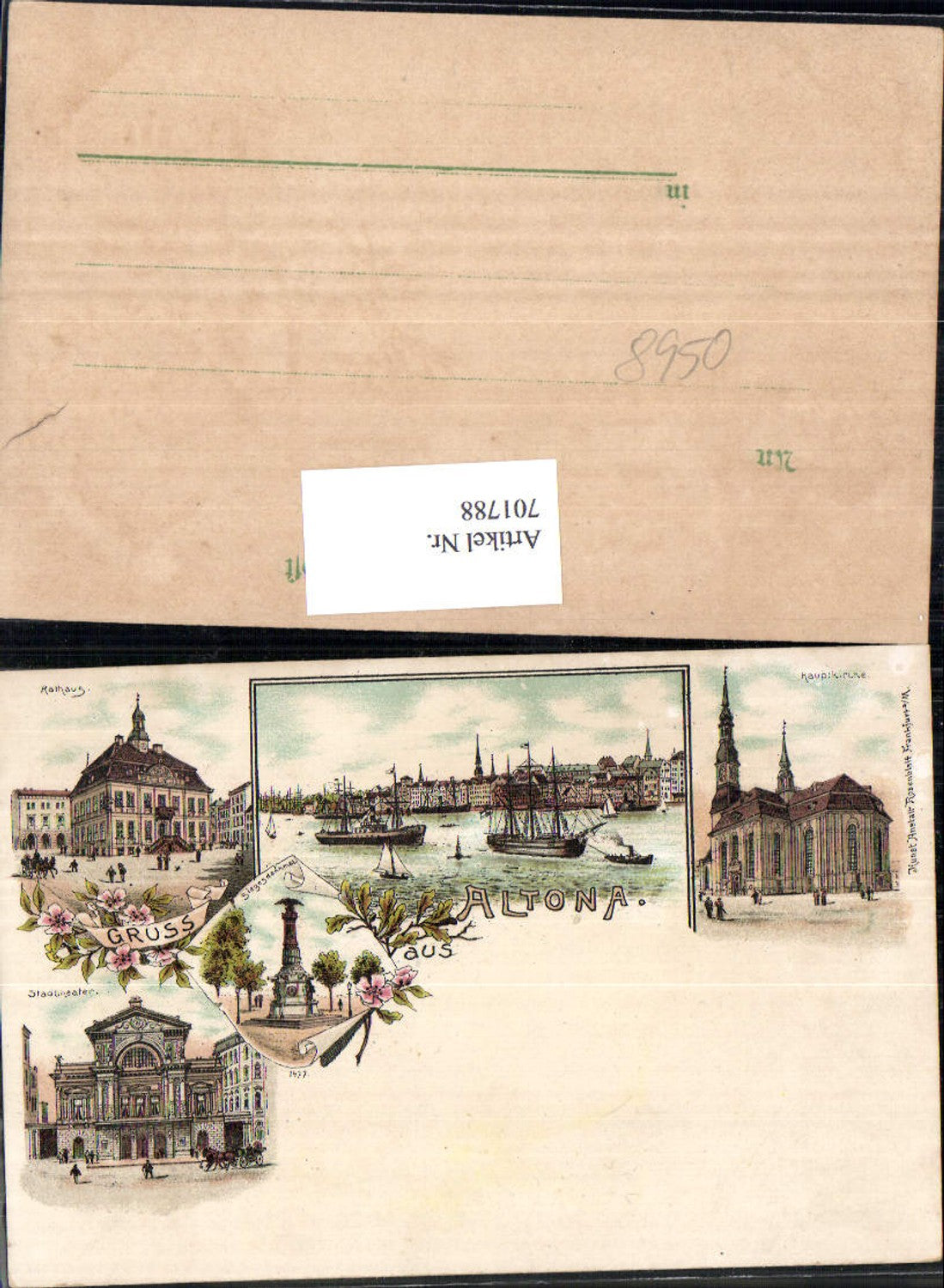 701788 tolle Lithographie Gruss aus Altona Hamburg Rathaus Stadttheater Kirche Theater