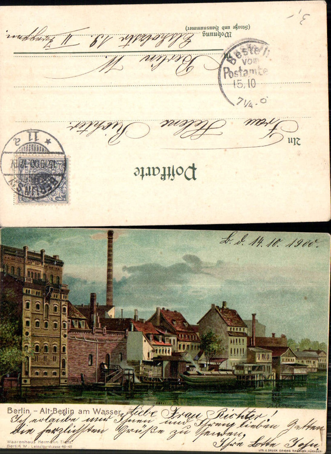 702463 Lithographie Berlin Alt Berlin am Wasser Schiffe 1900