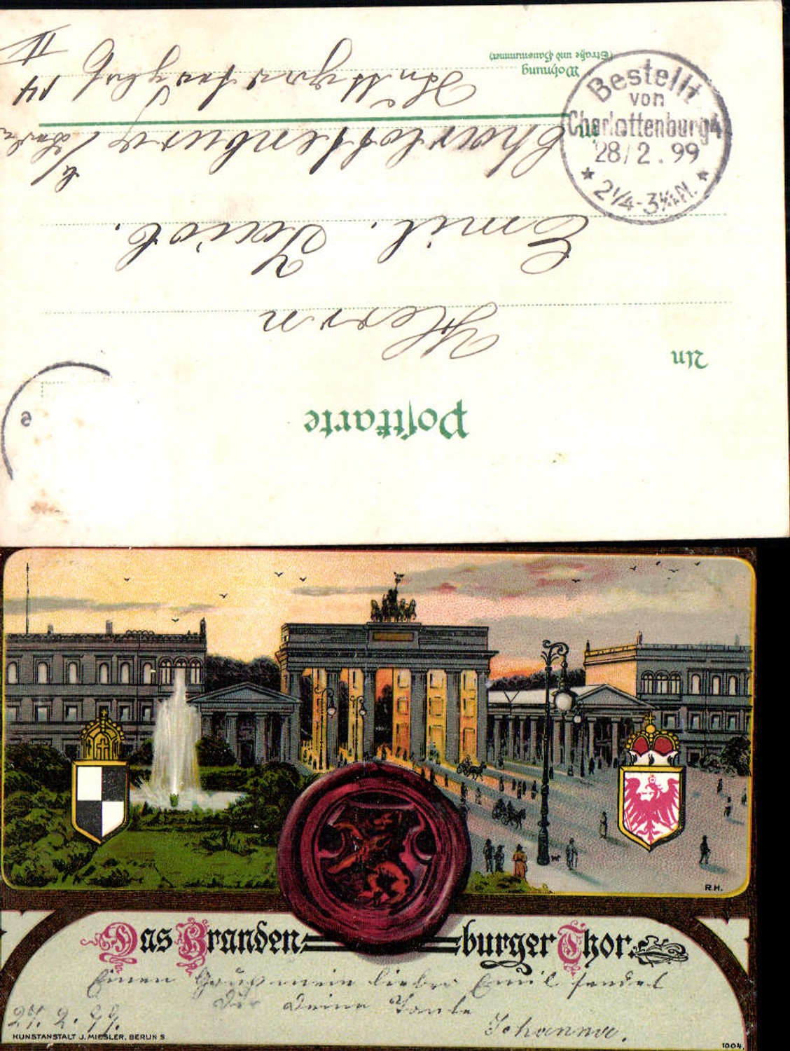 702470 Lithographie Berlin Brandenburger Tor Wappen Siegel Passepartout