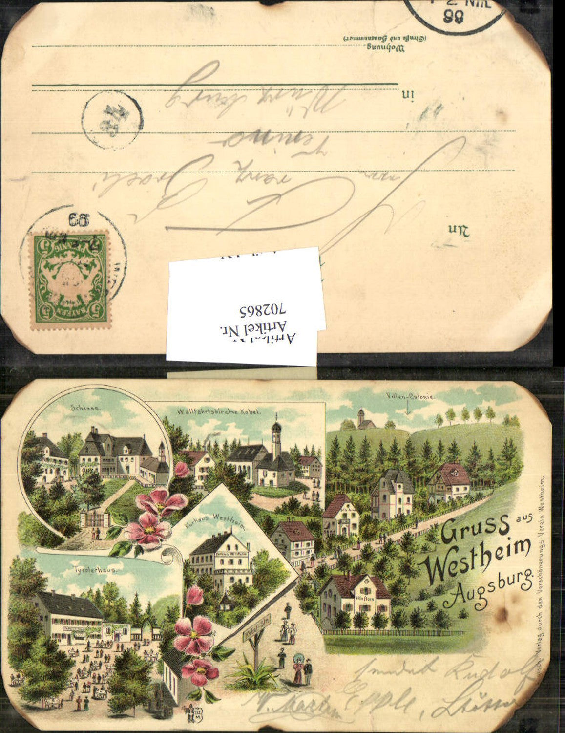 702865 Lithographie Gruss aus Augsburg Westheim Tyrolerhaus Kobel Kirche