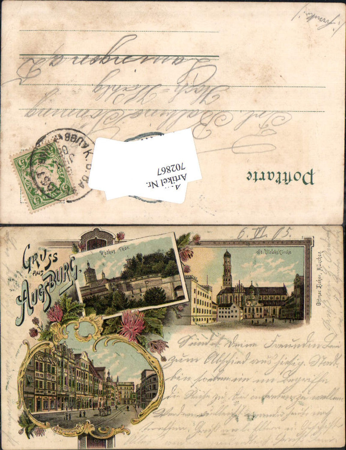 702867 Lithographie Gruss aus Augsburg Rothes Thor Ulrichskirche pub Zieher