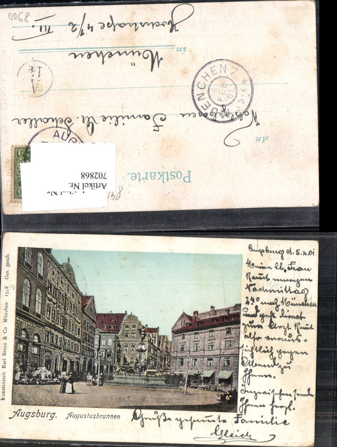 702868 Lithographie Gruss aus Augsburg Augustusbrunnen pub Braun & Co. 1348