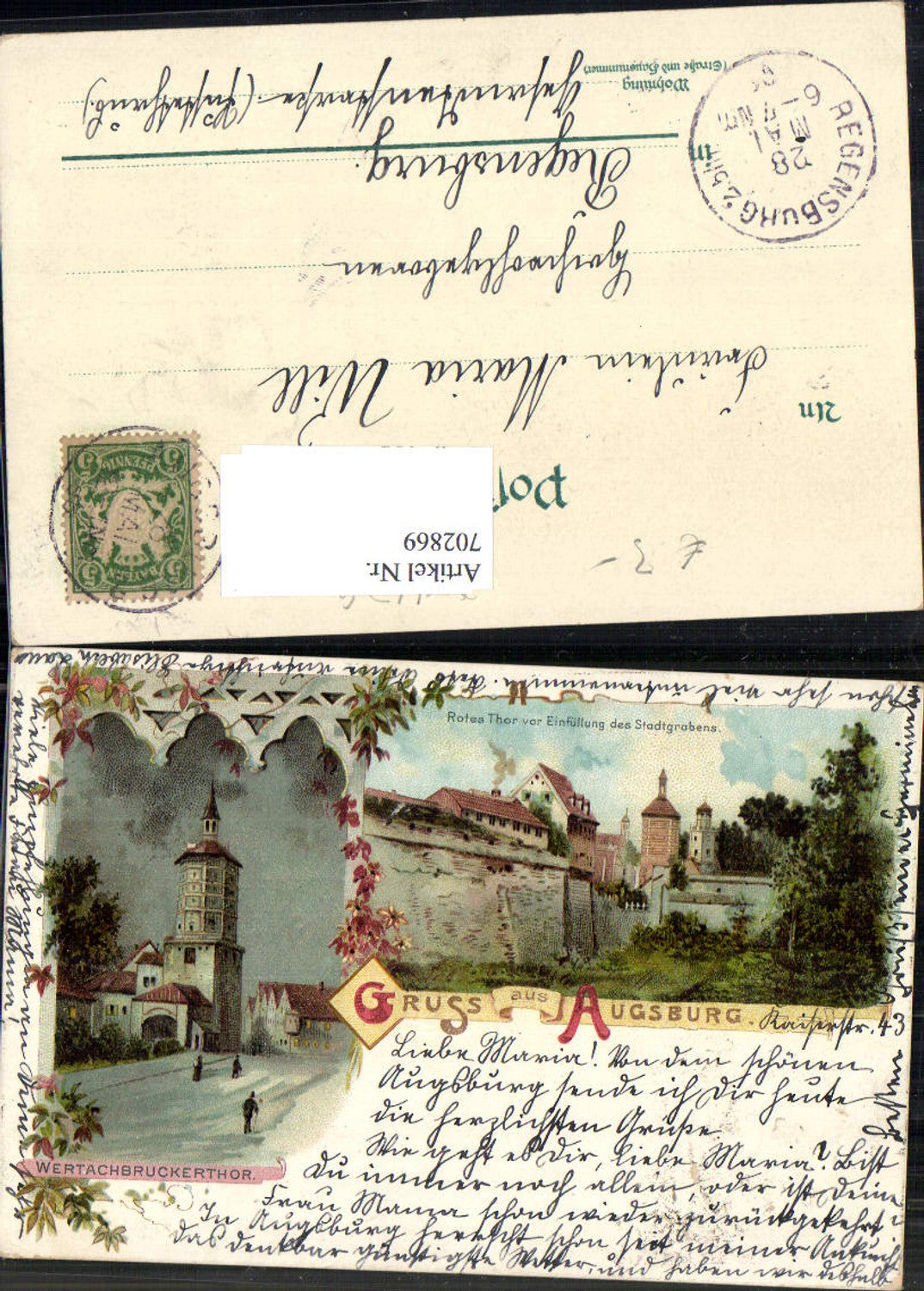 702869 Lithographie Gruss aus Augsburg Rothes Thor Wertacherbruckerthor