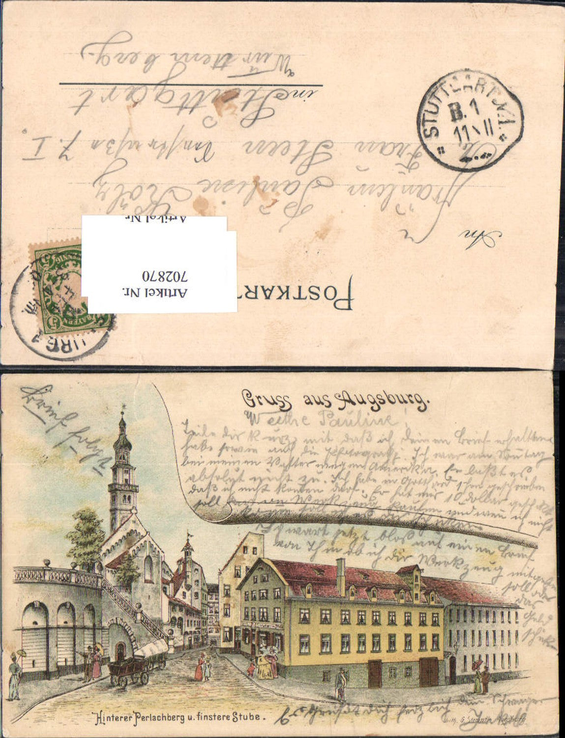 702870 Lithographie Gruss aus Augsburg Perlachberg Finstere Stube