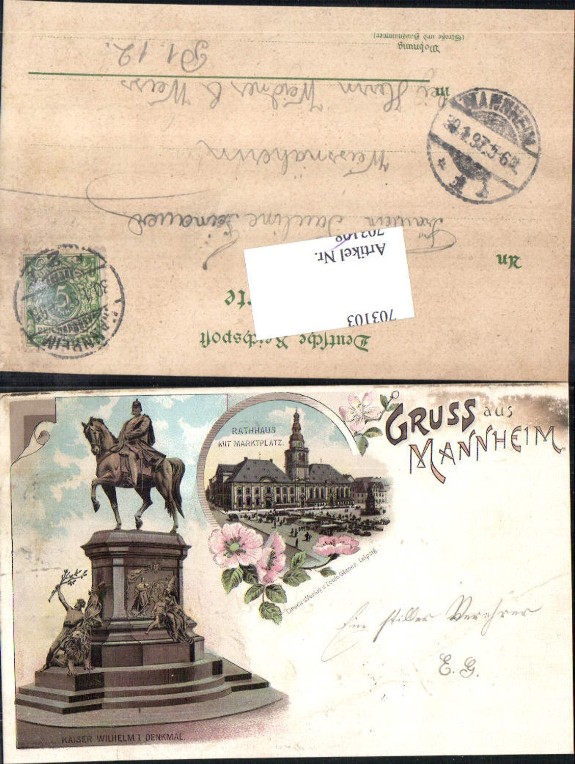 703103 tolle Lithographie Gruss aus Mannheim Rathaus Kaiser Wilhelm Denkmal