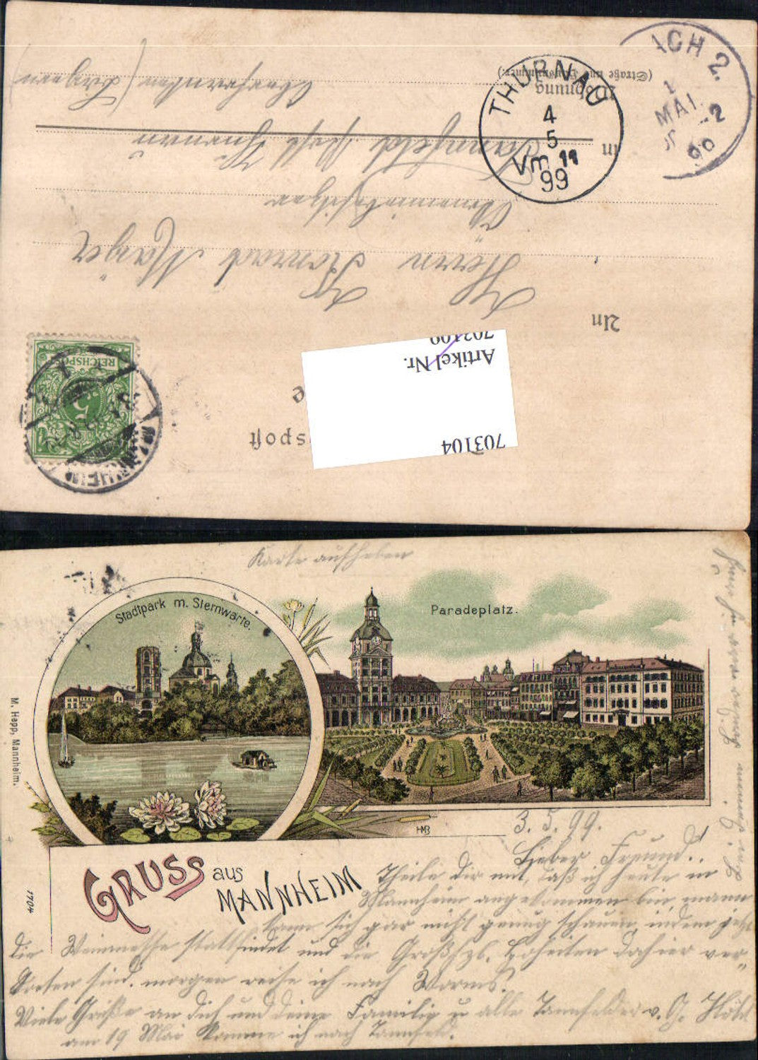 Lithographie Gruss aus Mannheim Sternwarte gel Tannfeld Thurnau Kulmbach