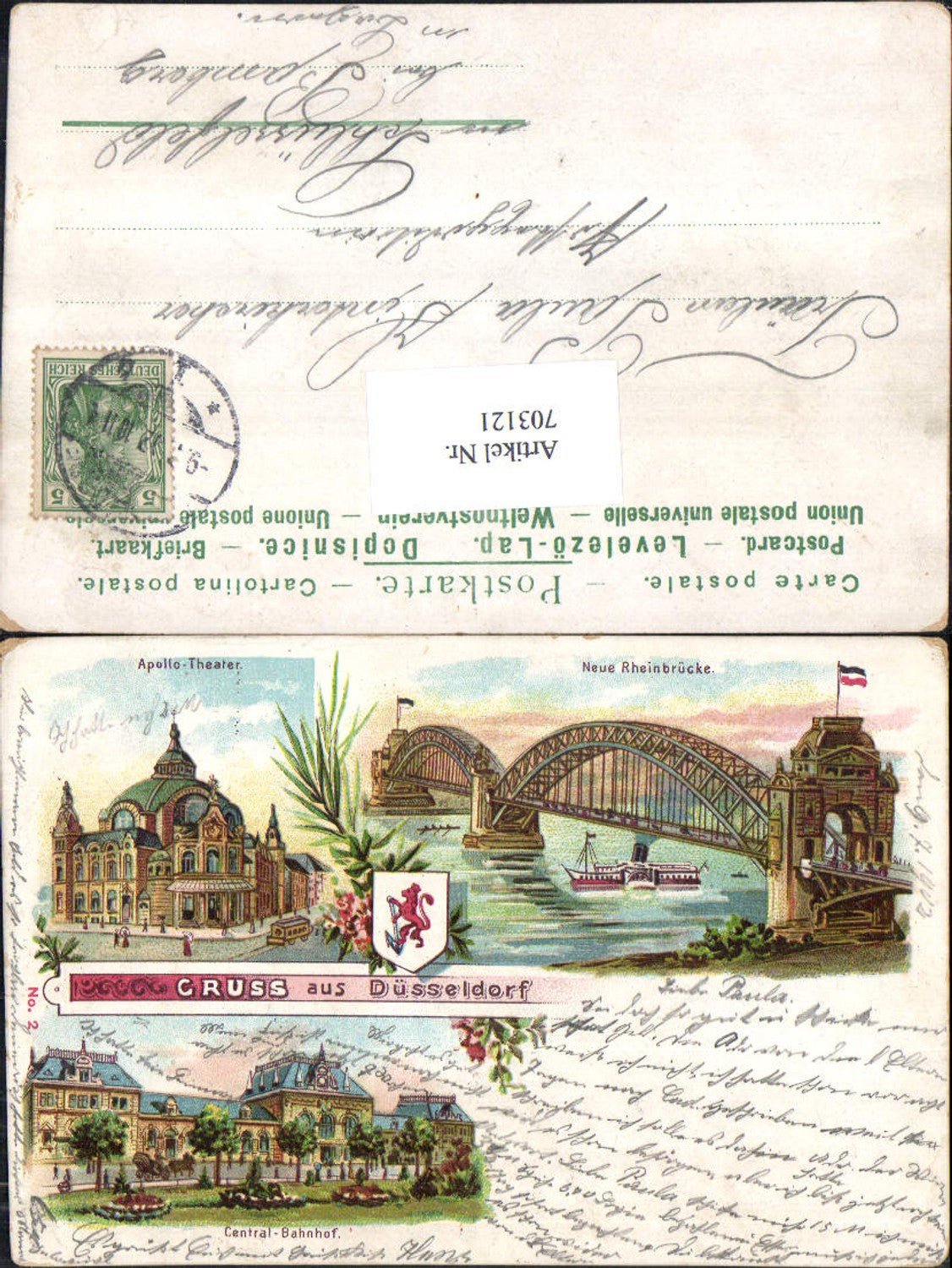 Lithographie Gruss aus Düsseldorf Neue Rheinbrücke Brücke Theater Apollo Bahnhof gel Schlüsselberg Bamberg